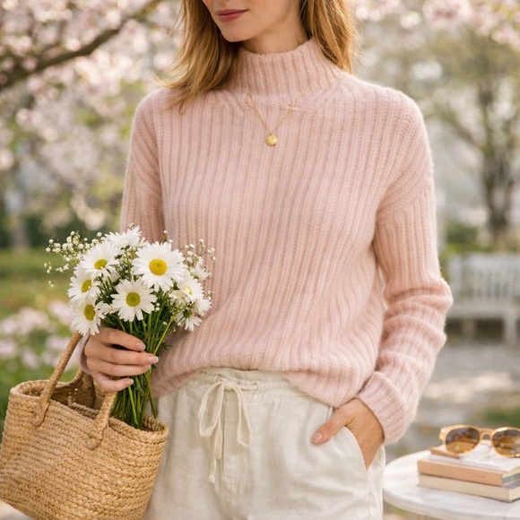 Vince Cashmere Blend Mock Neck Sweater Soft Girl Pale Pink Quiet Luxury Coquette